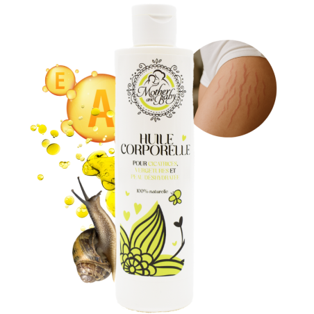 Huile corporelle pour vergetures, cicatrices et peau déshydratée 100% naturelle aux vitamines et à la bave d'escargot.