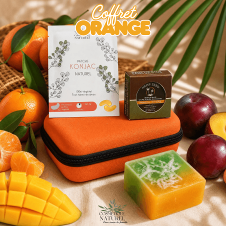 Coffret Orange – Savon Mangue, Baume Lèvres Chanvre & Patchs Konjac Curcuma 100% Naturels