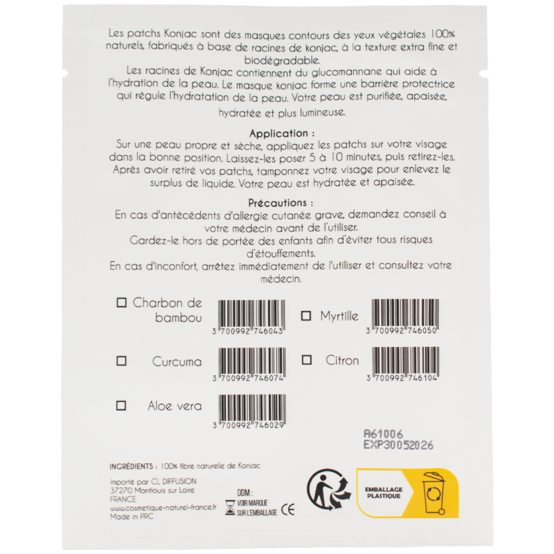 Des patchs pour le contour des yeux au konjac 100% naturels à l'extrait de curcuma.